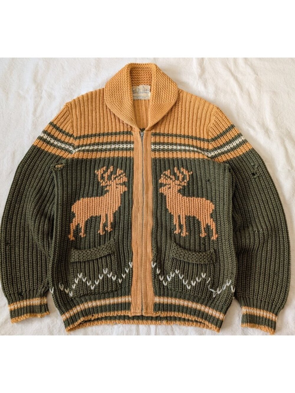 Vintage 50s Caldwell Knit Mills Canada Cowichan Elk Graphic Zip Sweater Wool M/L - Picture 3 of 15